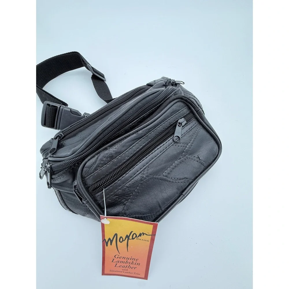 1990s Maxam Genuine Lambskin Leather Fanny Pack Black Multi Pocket Waist Bag NWT - Picture 2 of 14